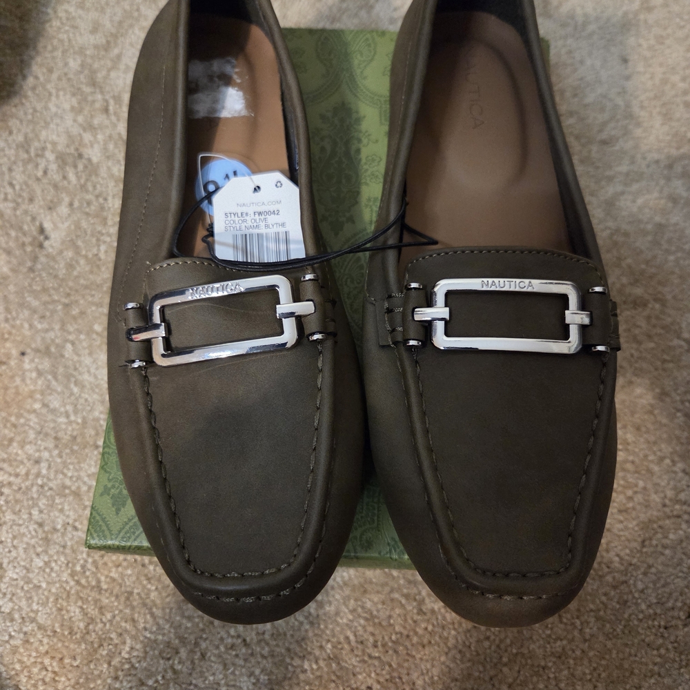 Nautica Women's Olive Loafers with Silver Buckle